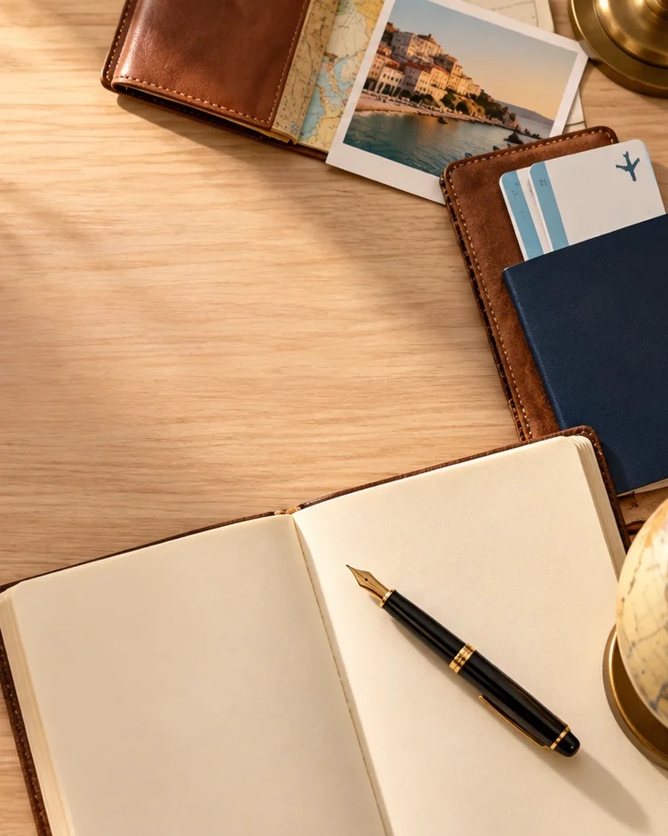 Cuaderno abierto y pluma estilográfica sobre una mesa de madera clara