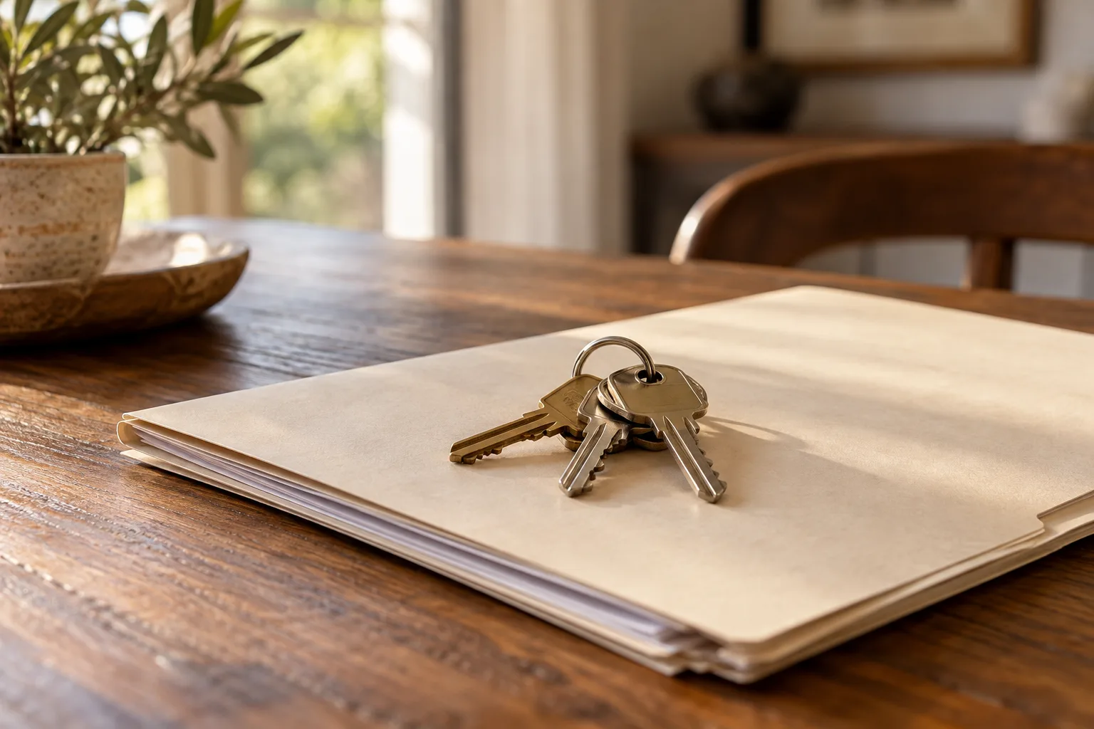 Llaves de una casa familiar sobre una carpeta de documentos en una mesa de madera